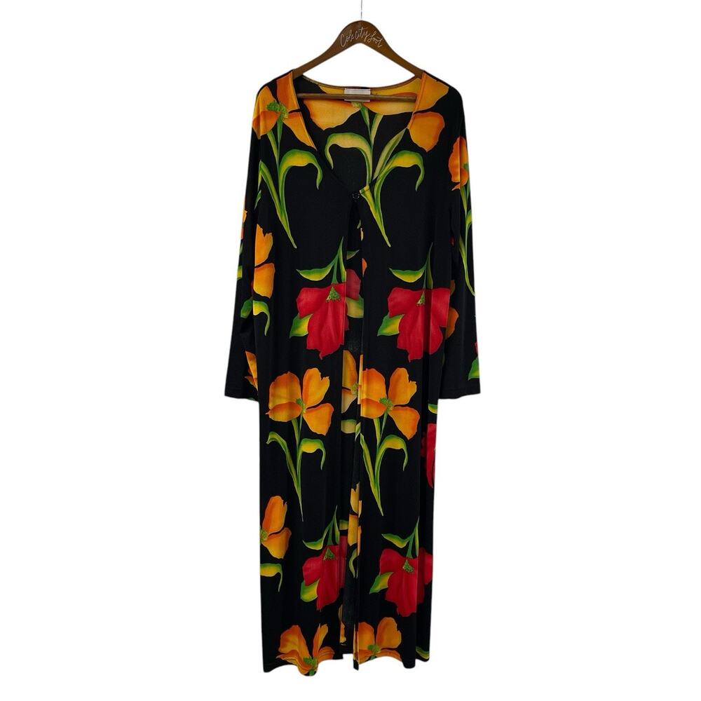 Sue Brett Floral Duster Black Vintage Slinky Nylon Blend USA